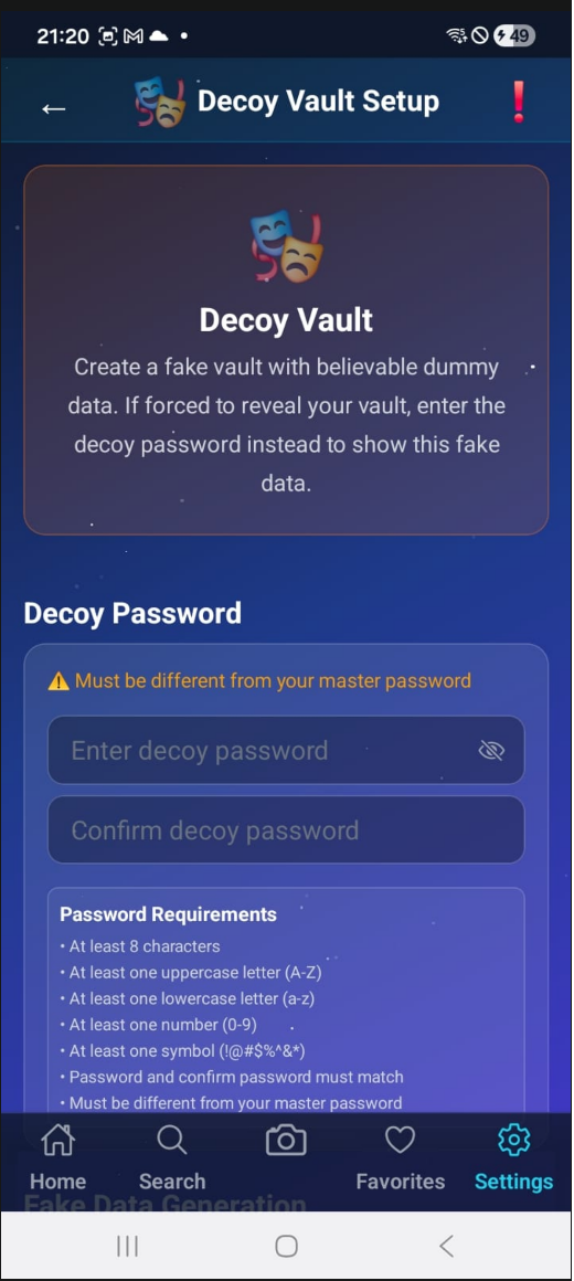 Decoy vault screen with fake data