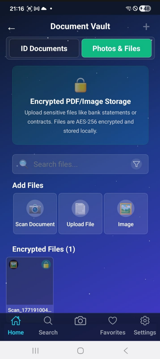 Document vault screen for secure files
